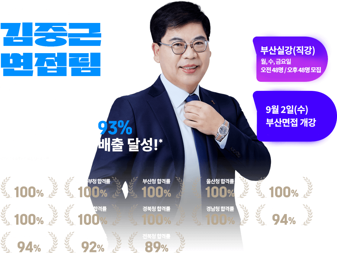 꼭 합격하고 싶다면, 김중근 면접팀입니다. 남녀통합 합격률 93% 역전 합격자 최다배출 달성